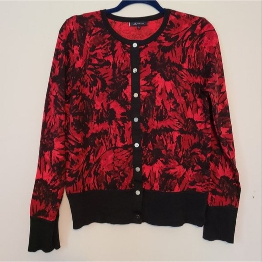 Anne Klein red and black floral silk cardigan L